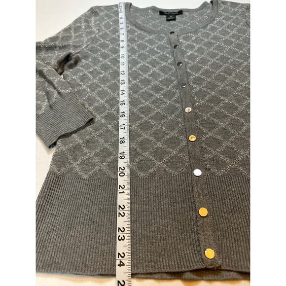 WHBM Size Medium Argyle Silver Gold Cardigan Crew Neck Christmas Holiday Classic - Picture 5 of 8